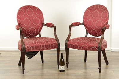 Lot 1610 - A PAIR OF HEPPLEWHITE GEORGE III MAHOGANY ARMCHAIRS