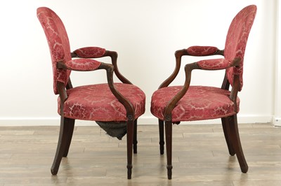 Lot 1610 - A PAIR OF HEPPLEWHITE GEORGE III MAHOGANY ARMCHAIRS
