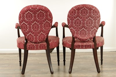 Lot 1610 - A PAIR OF HEPPLEWHITE GEORGE III MAHOGANY ARMCHAIRS