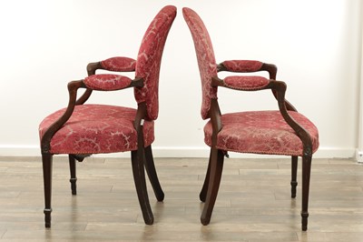 Lot 1610 - A PAIR OF HEPPLEWHITE GEORGE III MAHOGANY ARMCHAIRS