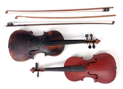 Lot 311 - TWO ANTIQUE VIOLINS WITH BOWS one with wax...