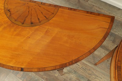 Lot 1715 - A PAIR OF GEORGE III INLAID SATINWOOD DEMI LUNE CARD TABLES IN THE MANNER OF MOORE OF DUBLIN