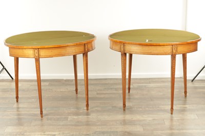Lot 1715 - A PAIR OF GEORGE III INLAID SATINWOOD DEMI LUNE CARD TABLES IN THE MANNER OF MOORE OF DUBLIN