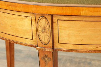 Lot 1715 - A PAIR OF GEORGE III INLAID SATINWOOD DEMI LUNE CARD TABLES IN THE MANNER OF MOORE OF DUBLIN