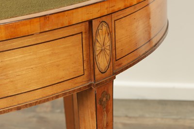 Lot 1715 - A PAIR OF GEORGE III INLAID SATINWOOD DEMI LUNE CARD TABLES IN THE MANNER OF MOORE OF DUBLIN