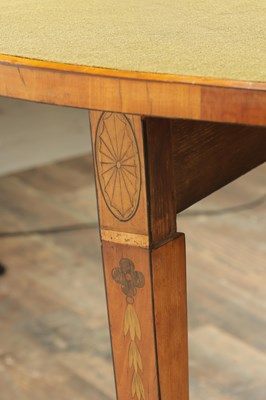 Lot 1715 - A PAIR OF GEORGE III INLAID SATINWOOD DEMI LUNE CARD TABLES IN THE MANNER OF MOORE OF DUBLIN