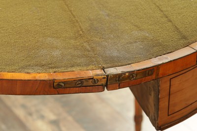 Lot 1715 - A PAIR OF GEORGE III INLAID SATINWOOD DEMI LUNE CARD TABLES IN THE MANNER OF MOORE OF DUBLIN