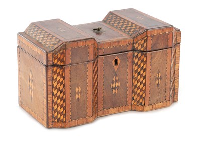 Lot 984 - AN UNUSUAL GEORGE III INLAID MAHOGANY TEA CADDY
