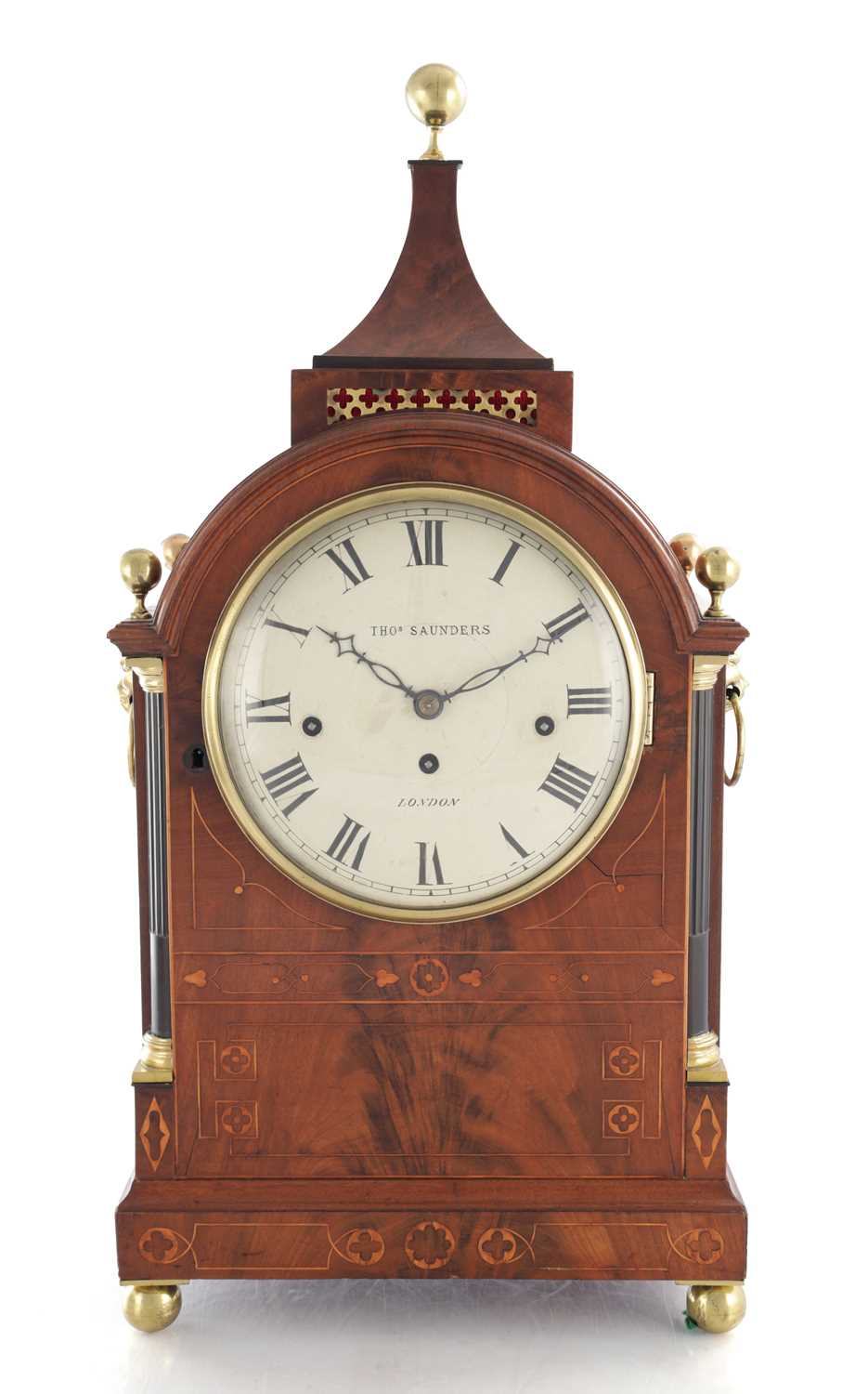 Lot 1493 - THOMAS SAUNDERS, LONDON. A GOOD GEORGE III THREE TRAIN INLAID MAHOGANY BRACKET CLOCK