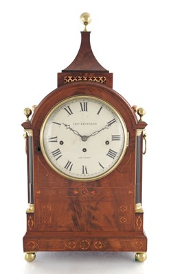 Lot 1493 - THOMAS SAUNDERS, LONDON. A GOOD GEORGE III THREE TRAIN INLAID MAHOGANY BRACKET CLOCK