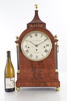 Lot 1493 - THOMAS SAUNDERS, LONDON. A GOOD GEORGE III THREE TRAIN INLAID MAHOGANY BRACKET CLOCK