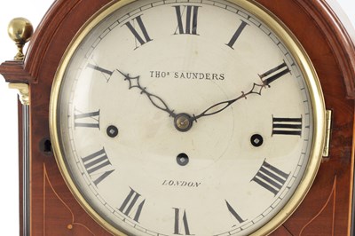 Lot 1493 - THOMAS SAUNDERS, LONDON. A GOOD GEORGE III THREE TRAIN INLAID MAHOGANY BRACKET CLOCK