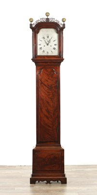 Lot 1334 - ISSAC ROGERS, LONDON. A FINE LATE 18TH CENTURY FIGURED MAHOGANY SILVERED DIAL LONGCASE CLOCK