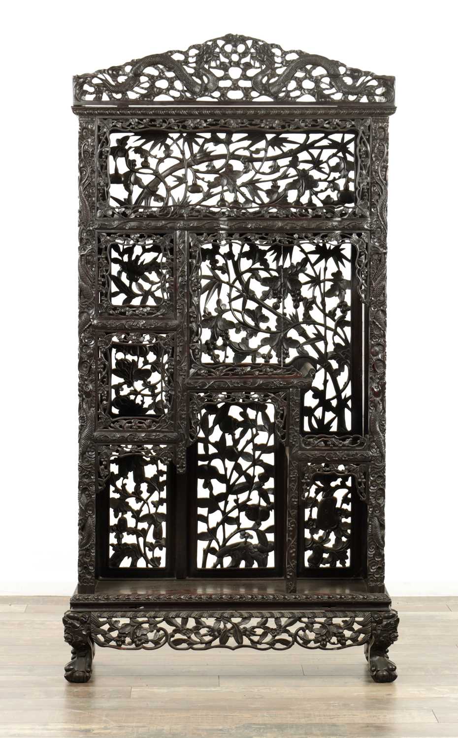 Lot 429 - A GOOD 19TH CENTURY CHINESE CARVED HARDWOOD OPEN DISPLAY CABINET