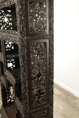 Lot 429 - A GOOD 19TH CENTURY CHINESE CARVED HARDWOOD OPEN DISPLAY CABINET
