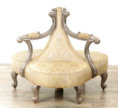 Lot 1674 - AN UNUSUAL 19TH CENTURY CARVED WOOD PEWTER COVERED UPHOLSTERED CONVERSATION SETTEE