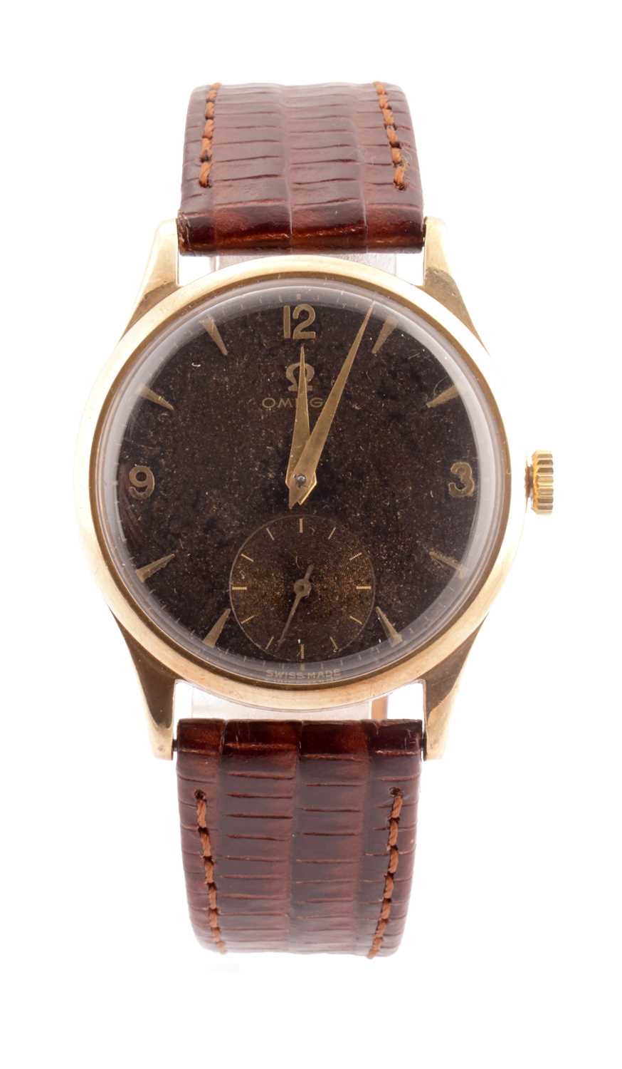 Lot 1293 - A GENTLEMAN’S 1950’S 9CT GOLD “TROPICAL DIAL” OMEGA WRIST WATCH
