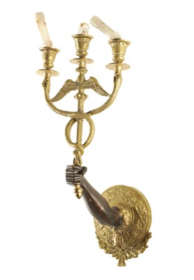 Lot 876 - A FRENCH BRONZE AND ORMOLU THREE BRANCH WALL LIGHT