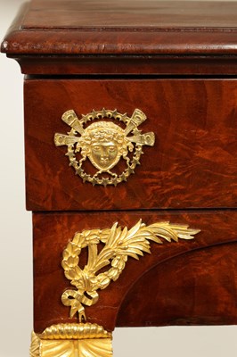 Lot 1687 - A 19TH CENTURY FRENCH EMPIRE FIGURED MAHOGANY AND ORMOLU MOUNTED WORK TABLE