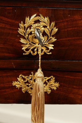 Lot 1687 - A 19TH CENTURY FRENCH EMPIRE FIGURED MAHOGANY AND ORMOLU MOUNTED WORK TABLE