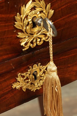 Lot 1687 - A 19TH CENTURY FRENCH EMPIRE FIGURED MAHOGANY AND ORMOLU MOUNTED WORK TABLE