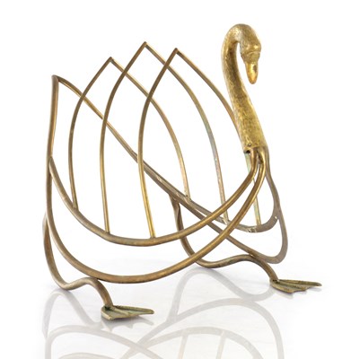Lot 792 - AN ITALIAN MAISON JANSEN SKELETAL BRASS SWAN FRAMED MAGAZINE RACK FORMED AS A SWAN