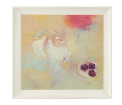 Lot 1160 - CLAIRE ROLLINSON A MODERN ART OIL ON BOARD "THREE PLUMS"
