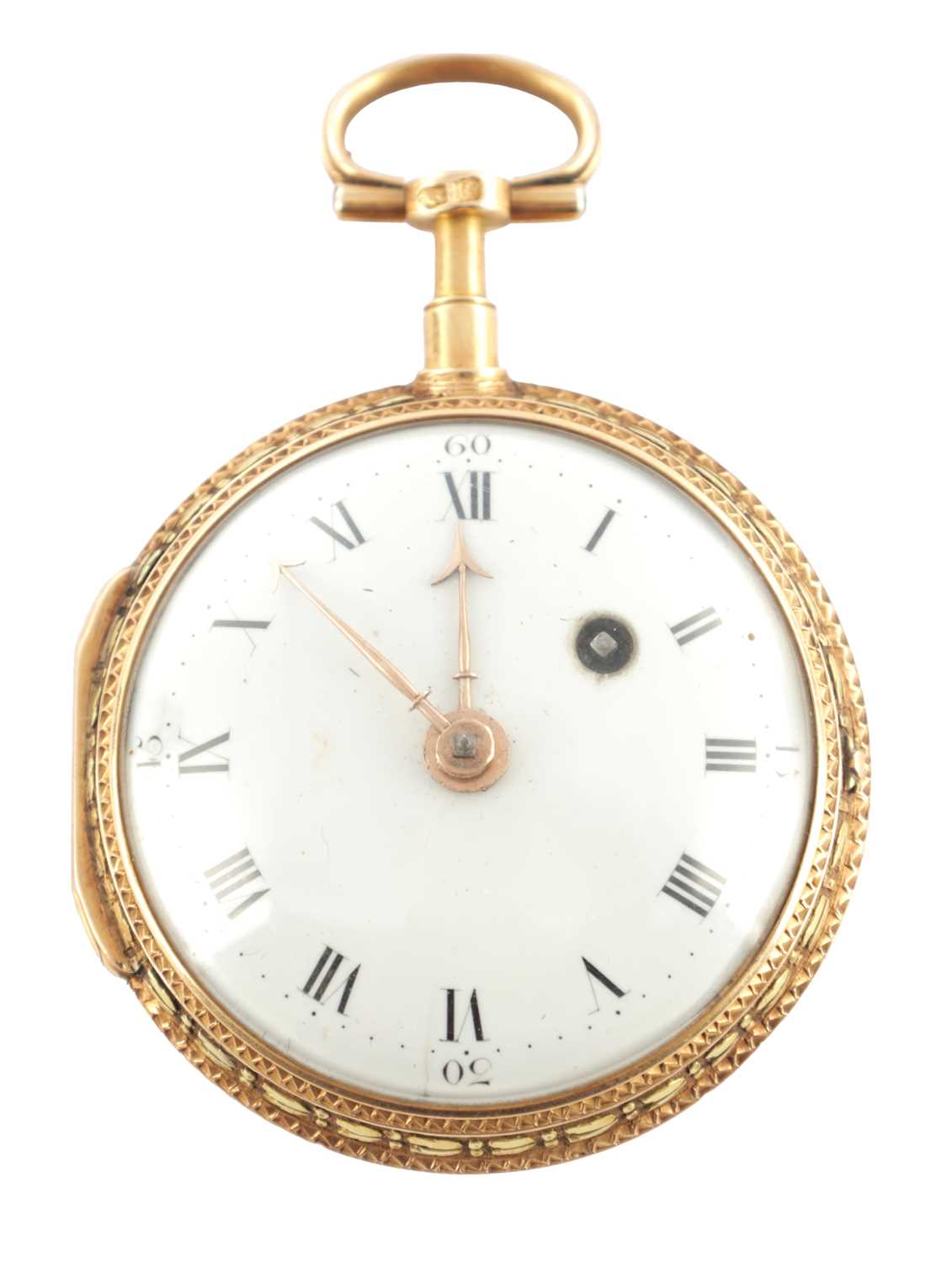 Lot 1305 - A LATE 18TH CENTURY FRENCH 18CT TWO-TONE GOLD AND ENAMEL VERGE POCKET WATCH