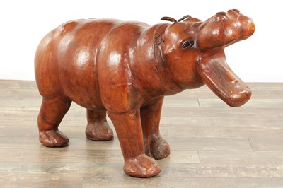 Lot 877 - A LARGE VINTAGE LEATHER BOUND SCULPTURE OF A HIPPOPOTAMUS
