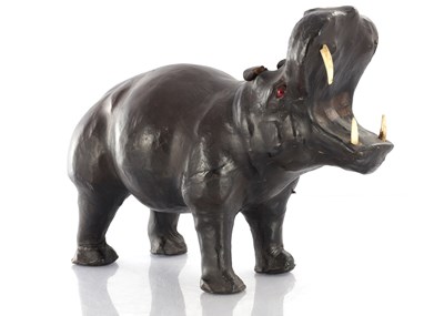 Lot 769 - A VINTAGE LEATHER BOUND SCULPTURE OF A HIPPOPOTAMUS