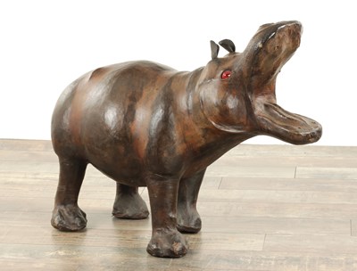 Lot 915 - A LARGE VINTAGE LEATHER BOUND SCULPTURE OF A HIPPOPOTAMUS