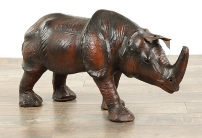 Lot 752 - A VINTAGE LEATHER BOUND SCULPTURE OF A RHINOCEROS