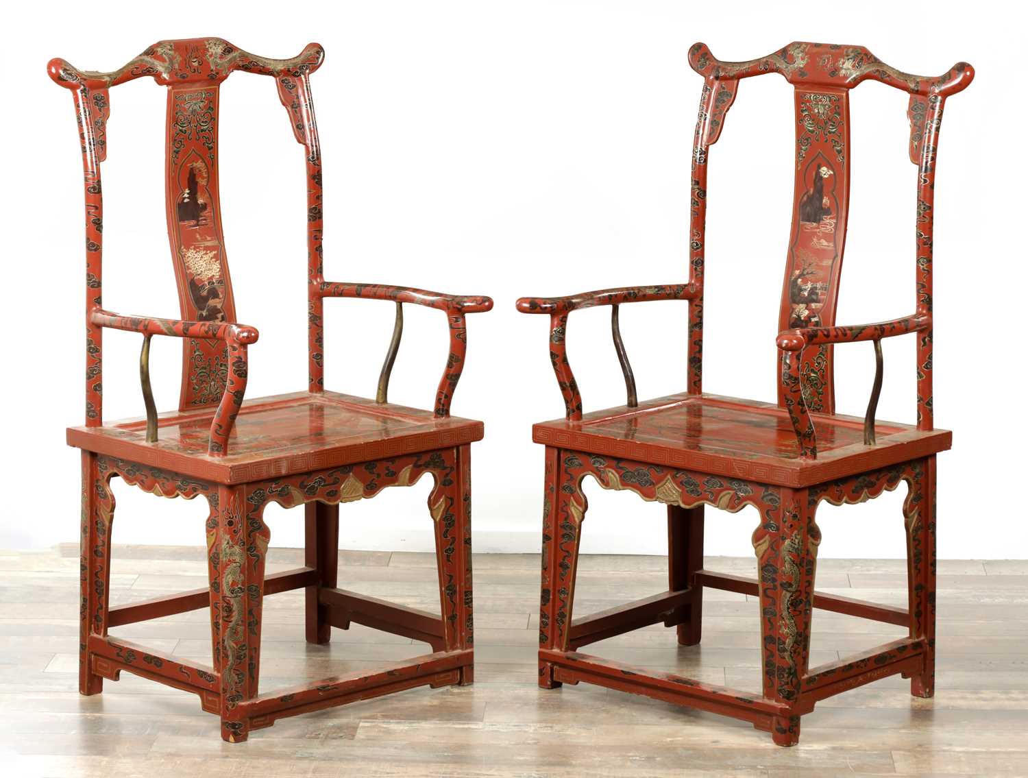92 - A PAIR OF CHINESE CHINOISERIE SCARLET LACQUER SIDE CHAIRS