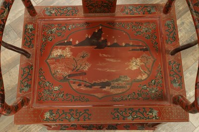 Lot A PAIR OF CHINESE CHINOISERIE SCARLET LACQUER SIDE CHAIRS