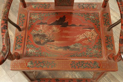 Lot A PAIR OF CHINESE CHINOISERIE SCARLET LACQUER SIDE CHAIRS