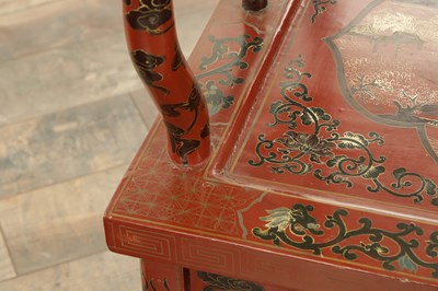 Lot A PAIR OF CHINESE CHINOISERIE SCARLET LACQUER SIDE CHAIRS