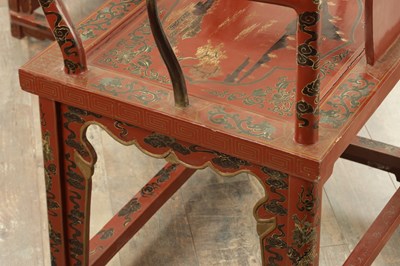 Lot A PAIR OF CHINESE CHINOISERIE SCARLET LACQUER SIDE CHAIRS