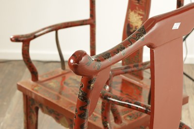 Lot A PAIR OF CHINESE CHINOISERIE SCARLET LACQUER SIDE CHAIRS