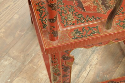 Lot A PAIR OF CHINESE CHINOISERIE SCARLET LACQUER SIDE CHAIRS