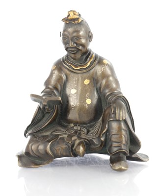 Lot 355 - A 19TH CENTURY JAPANESE BRONZE AND MIXED METAL INLAID FIGURAL SCULPTURE OF AN ELDER