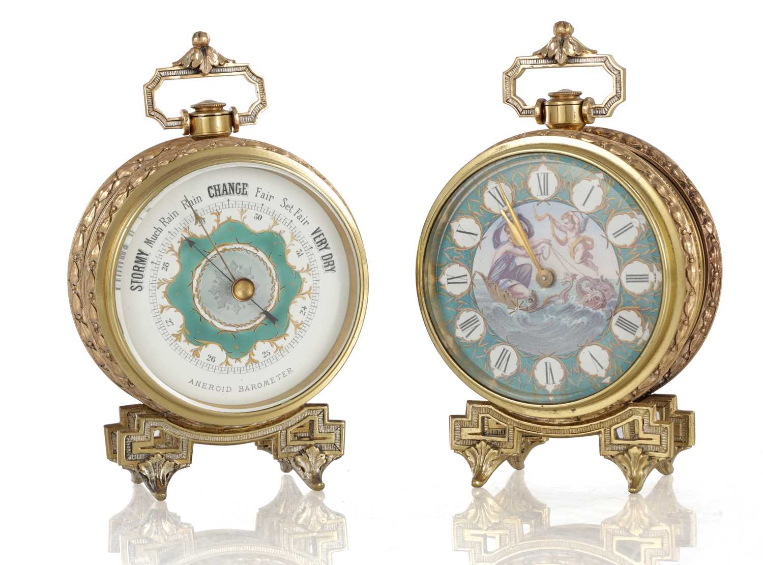 Lot 1388 - A LATE 19TH CENTURY DESK CLOCK AND BAROMETER SET