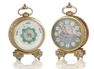 Lot 1388 - A LATE 19TH CENTURY DESK CLOCK AND BAROMETER SET