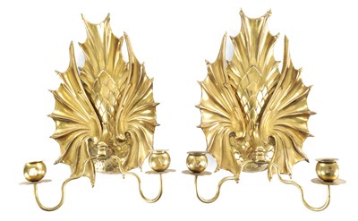 Lot 747 - A STYLISH PAIR OF LATE 19TH CENTURY BRASS WALL SCONCES, POSSIBLY LIBERTY