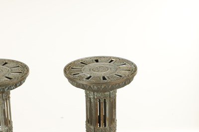Lot 748 - A PAIR OF LATE 19TH CENTURY BRASS GOTHIC STYLE TORCHIERES