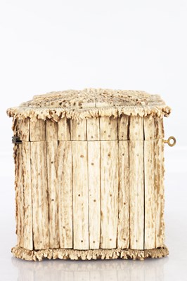 Lot 966 - A 19TH CENTURY ANGLO INDIAN VIZAGAPATAM STAG HORN SERPENTINE TEA CADDY