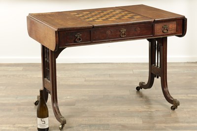 Lot 1682 - A GOOD REGENCY FIGURED ROSEWOOD GAMES TABLE