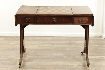 Lot 1682 - A GOOD REGENCY FIGURED ROSEWOOD GAMES TABLE