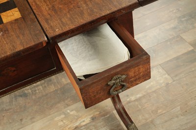 Lot 1682 - A GOOD REGENCY FIGURED ROSEWOOD GAMES TABLE