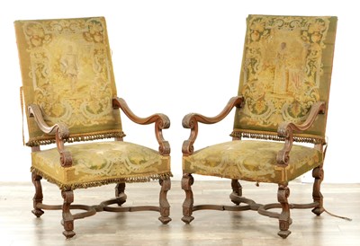 Lot 1612 - A PAIR OF 19TH CENTURY FRENCH WALNUT UPHOLSTERED ARMCHAIRS