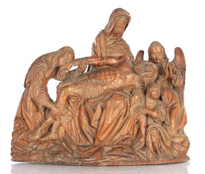 Lot 971 - A 17TH CENTURY CARVED WALNUT RELIEF OF THE LAMENTATION OF CHRIST SUPPORTED BY THE VIRGIN MARY